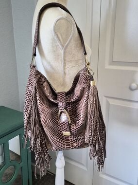 G.I.L.I. Got It Love It Snakeskin Embossed Leather Fringe Hobo Bag Brown